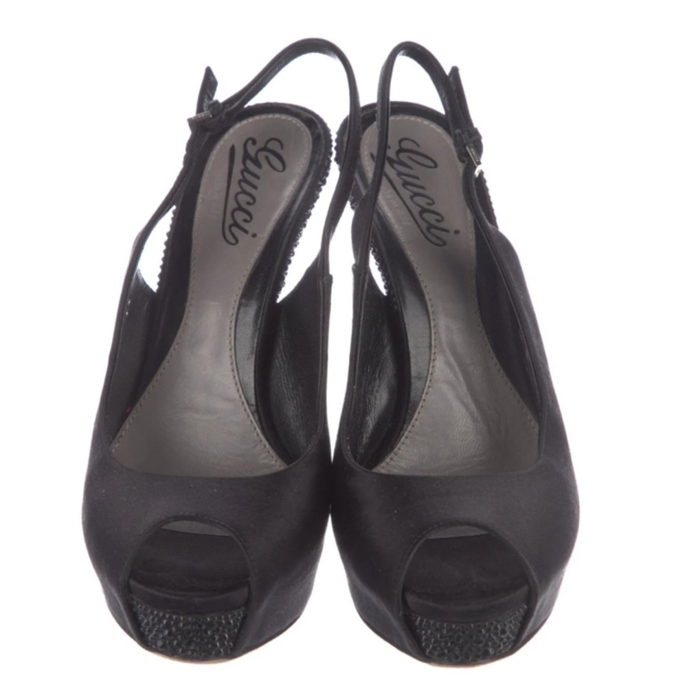 Gucci Black Satin Peep-Toe Slingback Heels